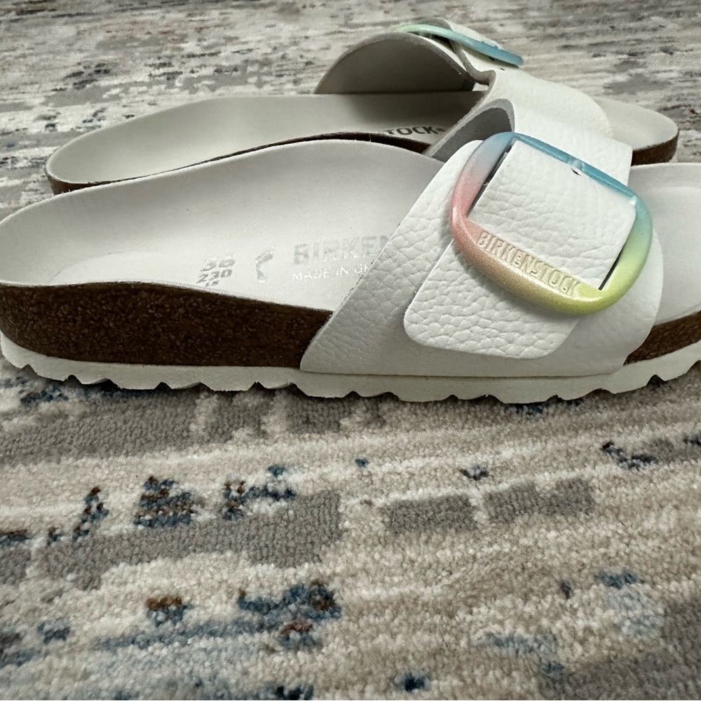 Birkenstock White Leather Madrid Big Buckle with Multicolor Buckle 36 - Picture 9 of 10